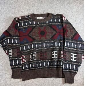 VINTAGE 90s Aztec Sweater Mens Brown Sears Roebuck Tribal Southwestern Medium